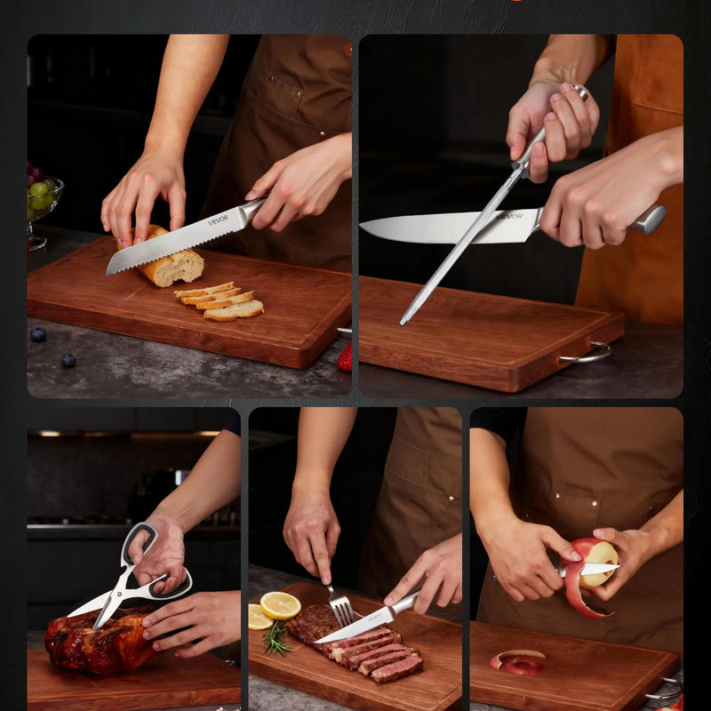 VEVOR virtuves nažu komplekts ar bloku un asināmo, 15 daļas, no vācu augsta oglekļa nerūsējošā tērauda, ergonomiski rokturi, asināmais stienis un koka nažu bloks, mājas lietošanai