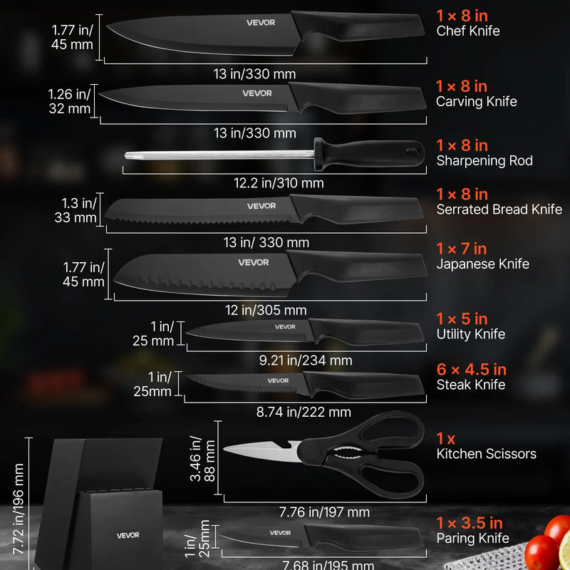 VEVOR virtuves nažu komplekts ar bloku un asināmo, 15 daļu vācu augsta oglekļa nerūsējošā tērauda naži ar ergonomiskiem PP rokturiem, koka bloks mājas pavāriem.