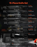 VEVOR virtuves nažu komplekts ar bloku un asināmo, 15 daļu vācu augsta oglekļa nerūsējošā tērauda naži ar ergonomiskiem PP rokturiem, koka bloks mājas pavāriem.