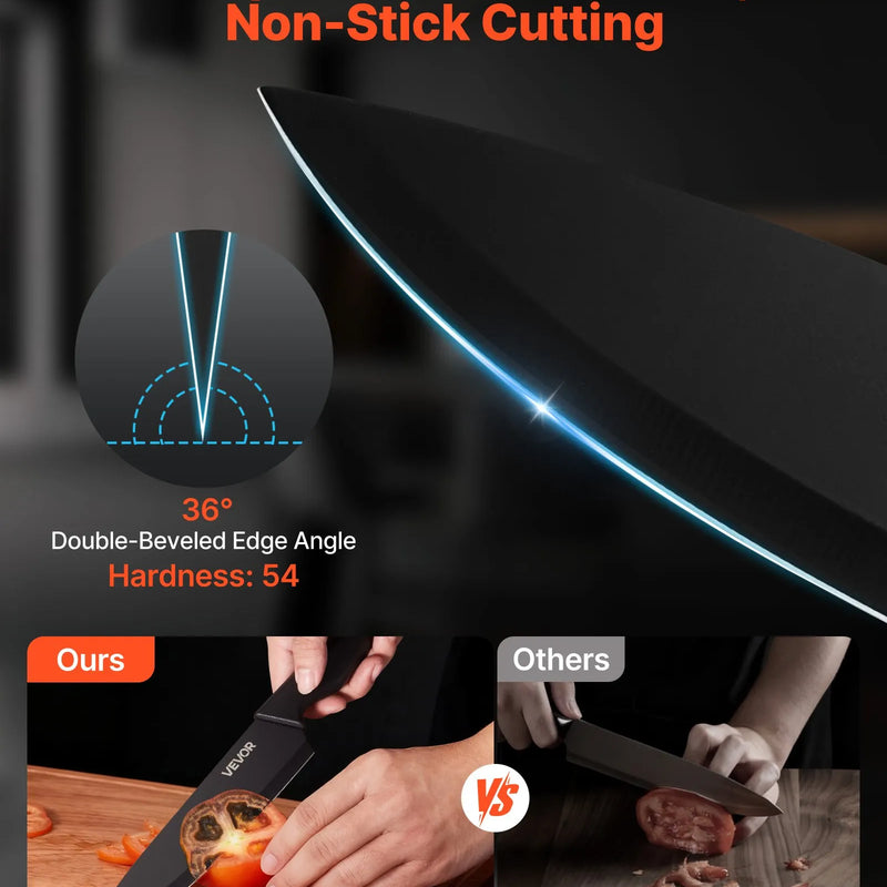 VEVOR virtuves nažu komplekts ar bloku un asināmo, 15 daļu vācu augsta oglekļa nerūsējošā tērauda naži ar ergonomiskiem PP rokturiem, koka bloks mājas pavāriem.