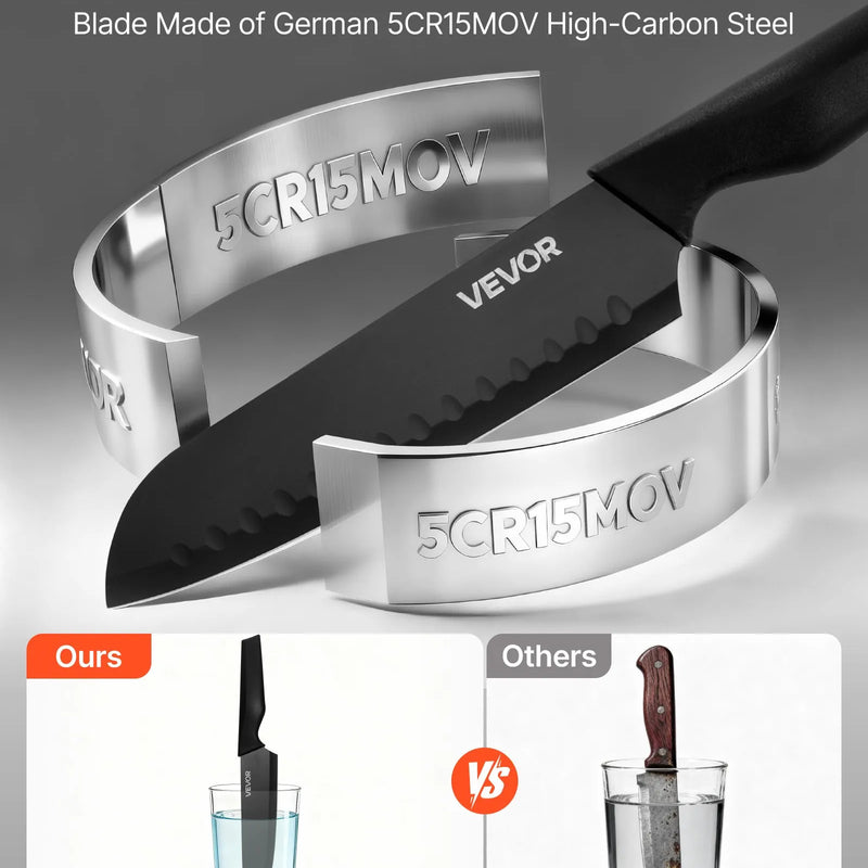 VEVOR virtuves nažu komplekts ar bloku un asināmo, 15 daļu vācu augsta oglekļa nerūsējošā tērauda naži ar ergonomiskiem PP rokturiem, koka bloks mājas pavāriem.