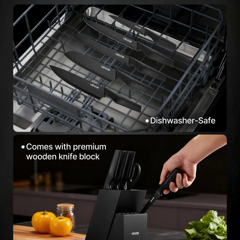 VEVOR virtuves nažu komplekts ar bloku un asināmo, 15 daļu vācu augsta oglekļa nerūsējošā tērauda naži ar ergonomiskiem PP rokturiem, koka bloks mājas pavāriem.