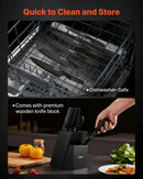 VEVOR virtuves nažu komplekts ar bloku un asināmo, 15 daļu vācu augsta oglekļa nerūsējošā tērauda naži ar ergonomiskiem PP rokturiem, koka bloks mājas pavāriem.
