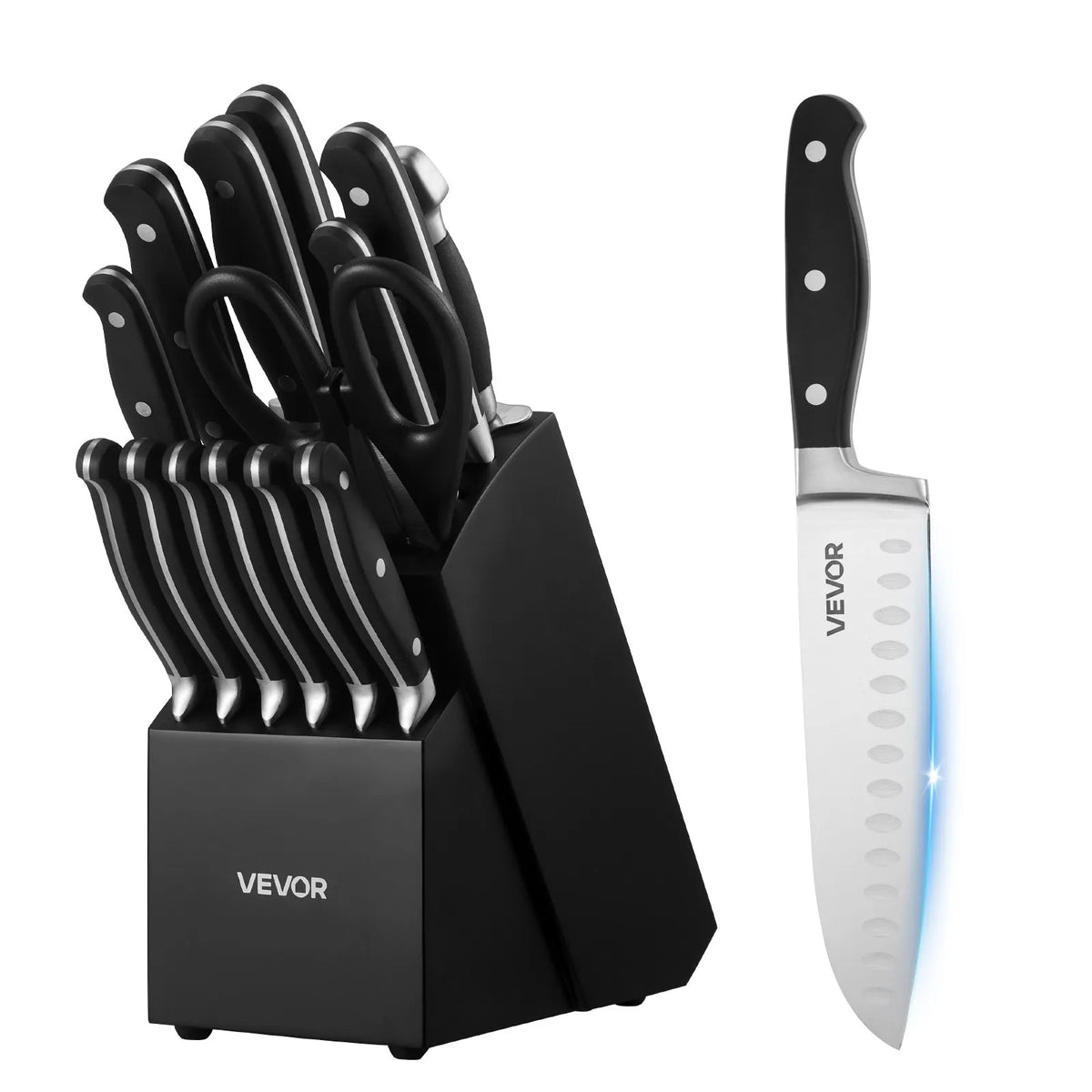 VEVOR 15-Piece Kitchen Knife Set with Wooden Block and Sharpening Steel, High Carbon Stainless Steel, Crack-Resistant Handles