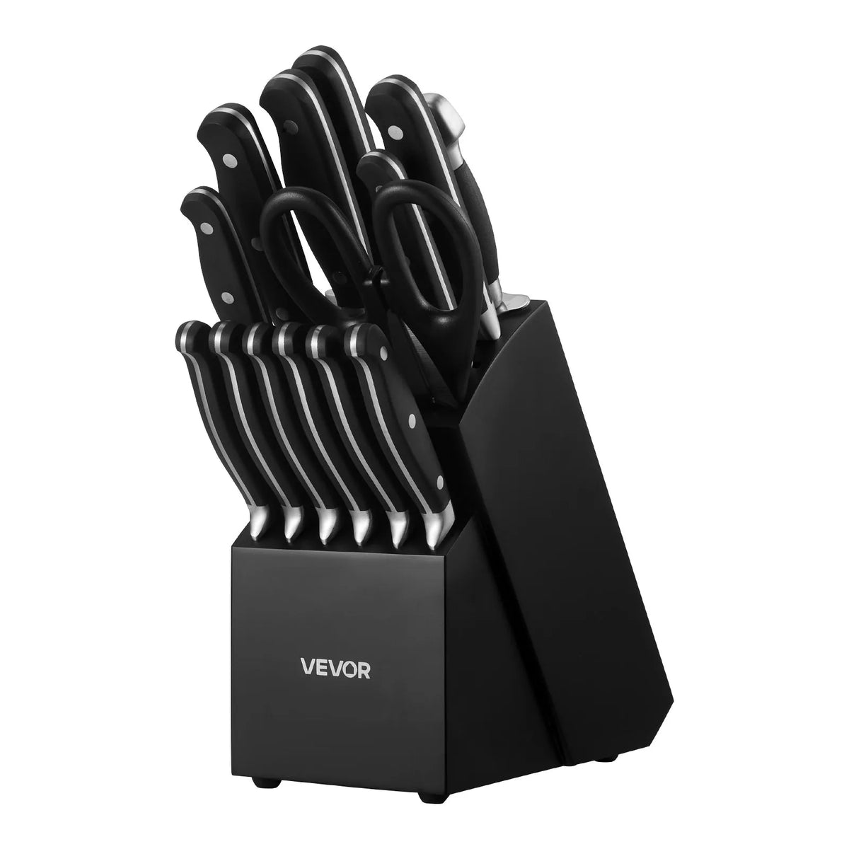 VEVOR 15-Piece Kitchen Knife Set with Wooden Block and Sharpening Steel, High Carbon Stainless Steel, Crack-Resistant Handles