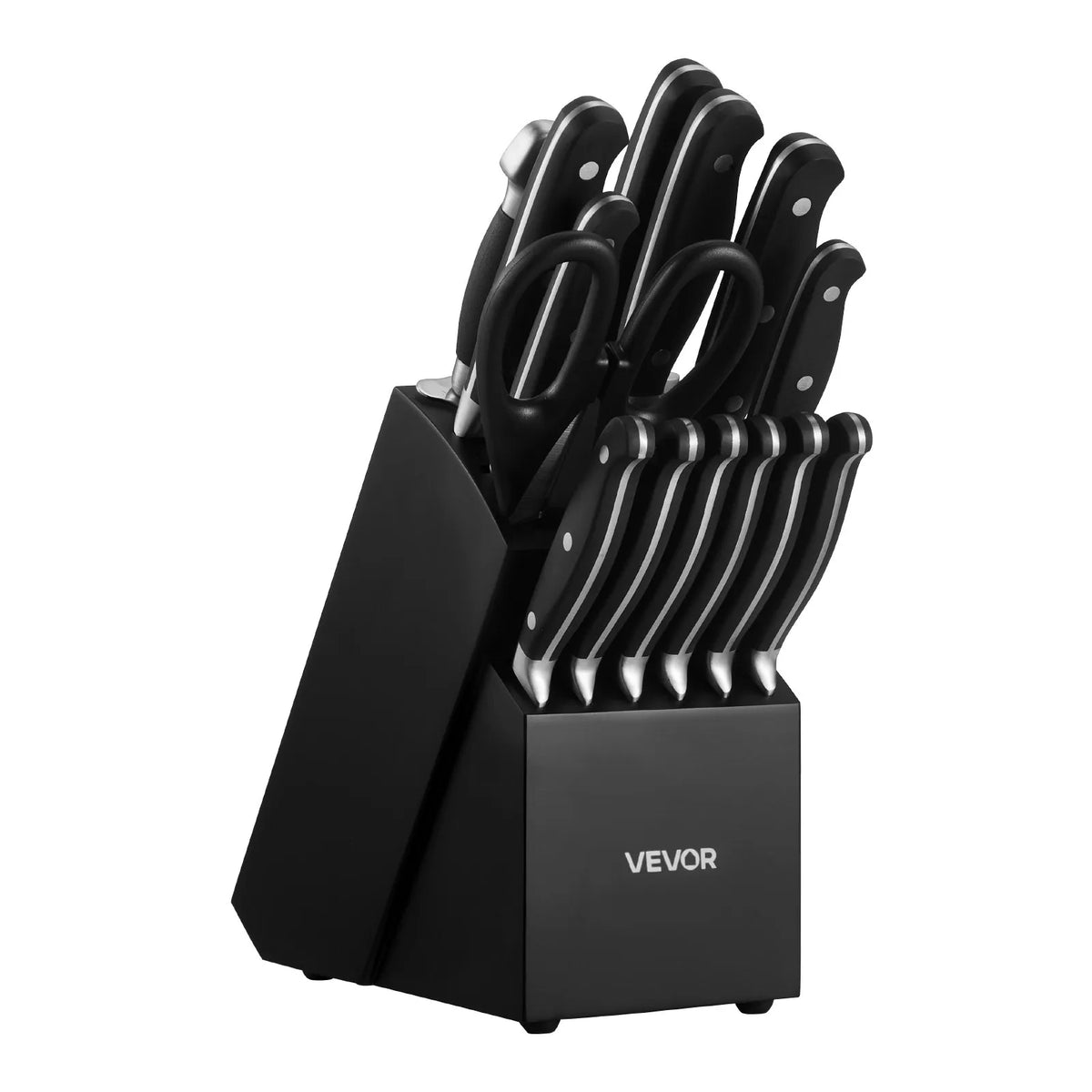 VEVOR 15-Piece Kitchen Knife Set with Wooden Block and Sharpening Steel, High Carbon Stainless Steel, Crack-Resistant Handles