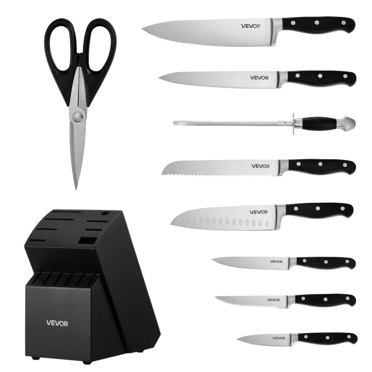 VEVOR 15-Piece Kitchen Knife Set with Wooden Block and Sharpening Steel, High Carbon Stainless Steel, Crack-Resistant Handles