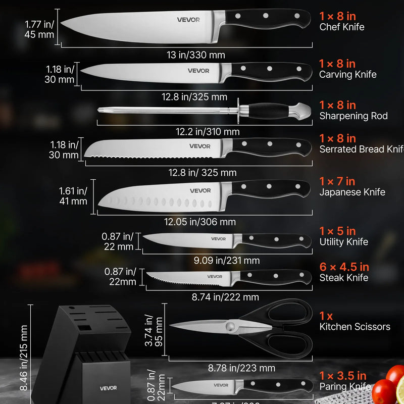 VEVOR virtuves nažu komplekts ar koka bloku un asinātāju, 15 daļas, asi augsta oglekļa nerūsējošā tērauda naži, virtuves piederumi ar plaisām izturīgiem rokturiem, asināmais stienis, paredzēts mājas pavāriem