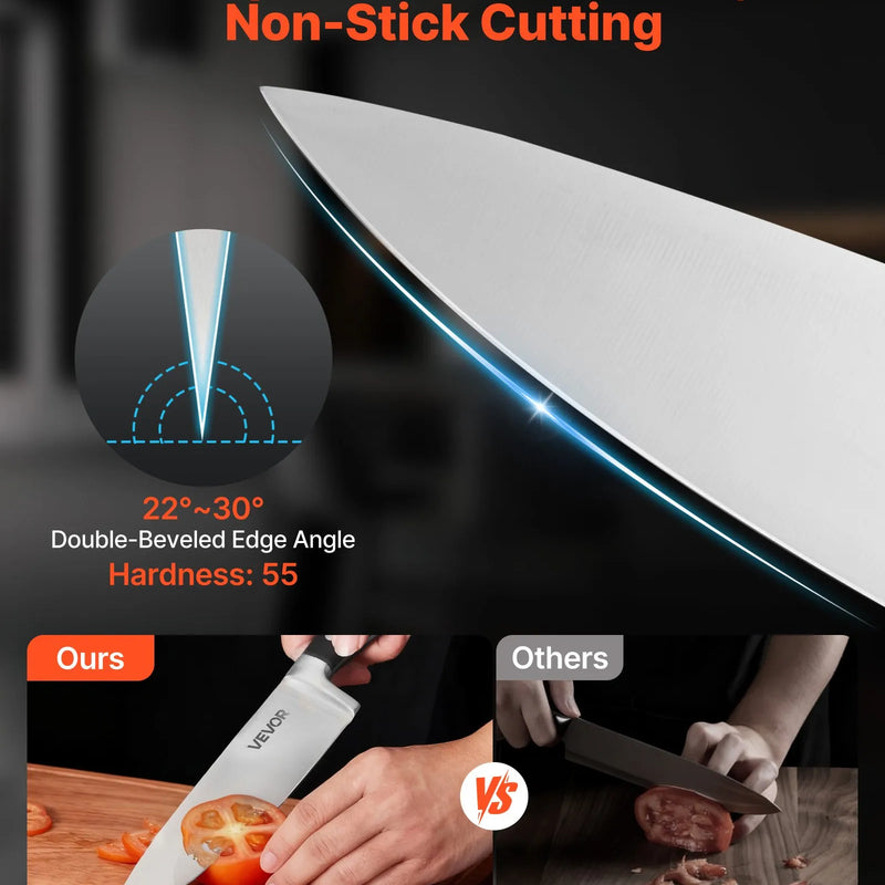 VEVOR virtuves nažu komplekts ar koka bloku un asinātāju, 15 daļas, asi augsta oglekļa nerūsējošā tērauda naži, virtuves piederumi ar plaisām izturīgiem rokturiem, asināmais stienis, paredzēts mājas pavāriem