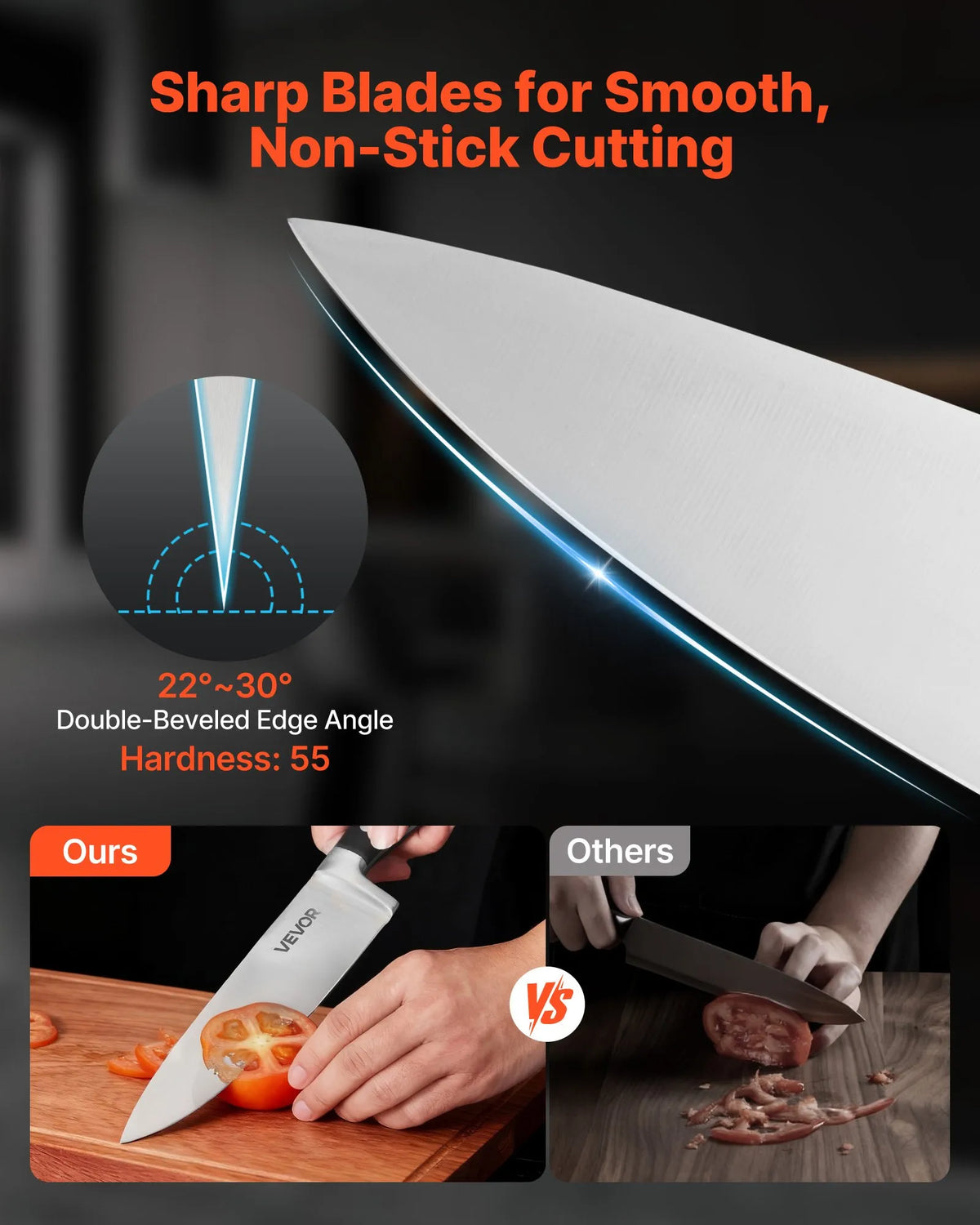 VEVOR 15-Piece Kitchen Knife Set with Wooden Block and Sharpening Steel, High Carbon Stainless Steel, Crack-Resistant Handles