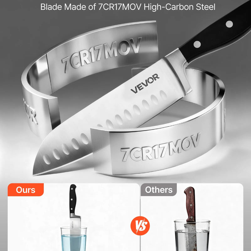 VEVOR virtuves nažu komplekts ar koka bloku un asinātāju, 15 daļas, asi augsta oglekļa nerūsējošā tērauda naži, virtuves piederumi ar plaisām izturīgiem rokturiem, asināmais stienis, paredzēts mājas pavāriem