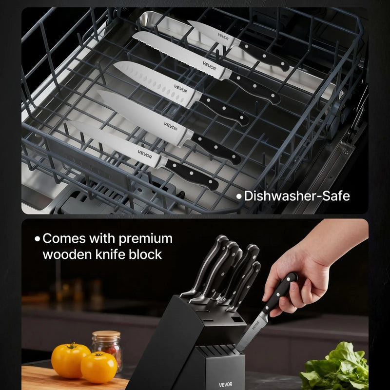 VEVOR virtuves nažu komplekts ar koka bloku un asinātāju, 15 daļas, asi augsta oglekļa nerūsējošā tērauda naži, virtuves piederumi ar plaisām izturīgiem rokturiem, asināmais stienis, paredzēts mājas pavāriem
