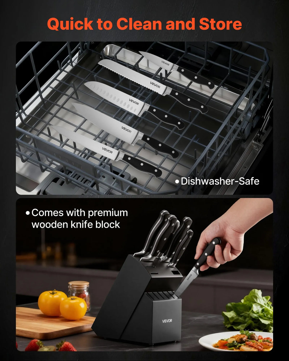 VEVOR 15-Piece Kitchen Knife Set with Wooden Block and Sharpening Steel, High Carbon Stainless Steel, Crack-Resistant Handles