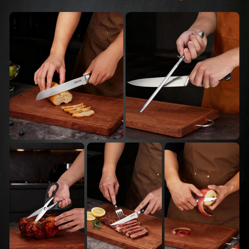 VEVOR virtuves nažu komplekts ar koka bloku un asinātāju, 15 daļas, asi augsta oglekļa nerūsējošā tērauda naži, virtuves piederumi ar plaisām izturīgiem rokturiem, asināmais stienis, paredzēts mājas pavāriem