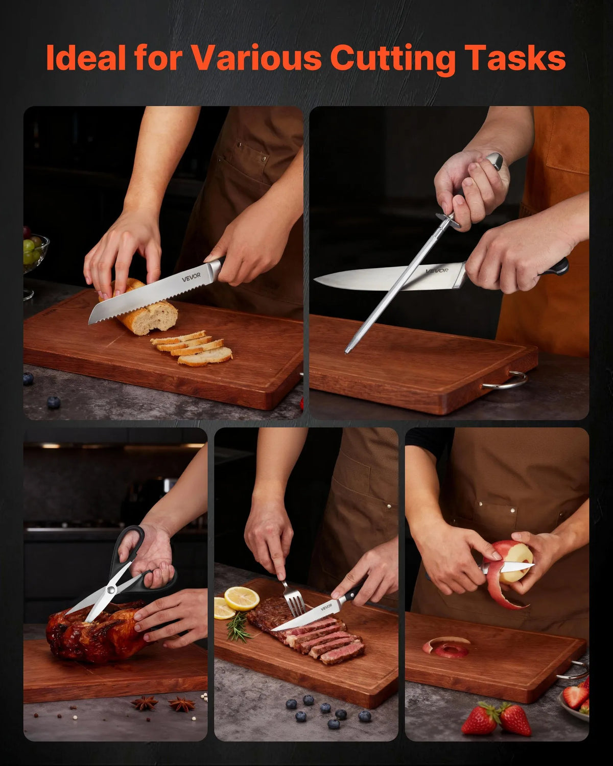 VEVOR 15-Piece Kitchen Knife Set with Wooden Block and Sharpening Steel, High Carbon Stainless Steel, Crack-Resistant Handles