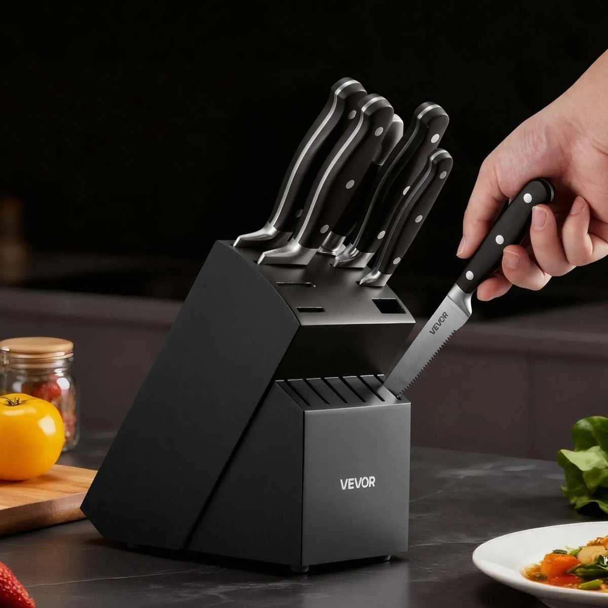 VEVOR 15-Piece Kitchen Knife Set with Wooden Block and Sharpening Steel, High Carbon Stainless Steel, Crack-Resistant Handles