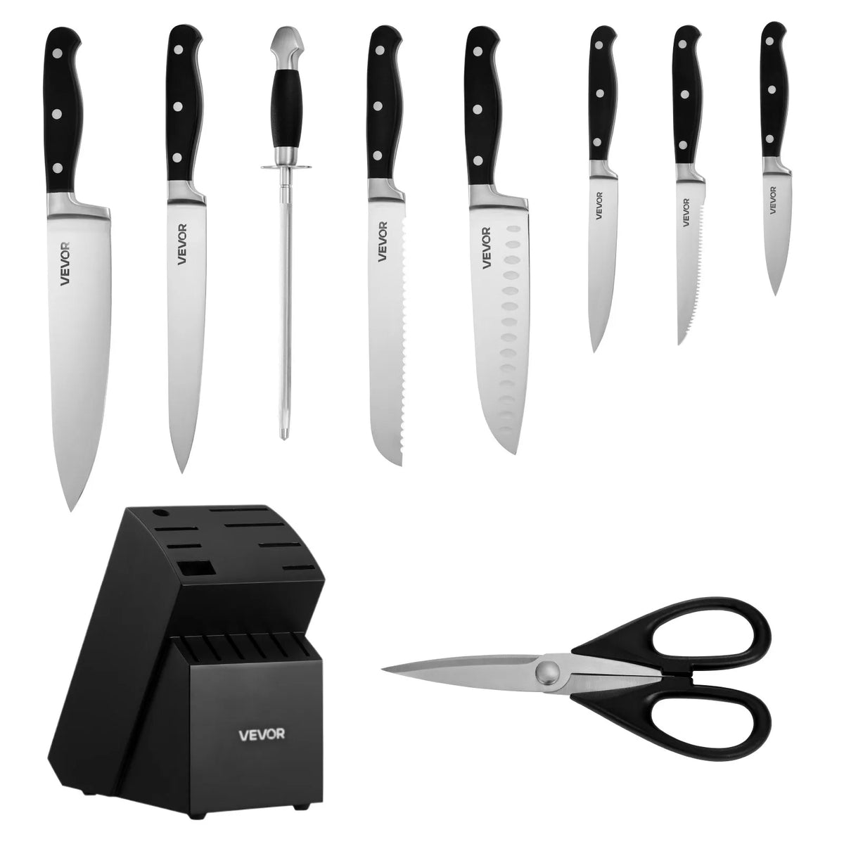 VEVOR 15-Piece Kitchen Knife Set with Wooden Block and Sharpening Steel, High Carbon Stainless Steel, Crack-Resistant Handles