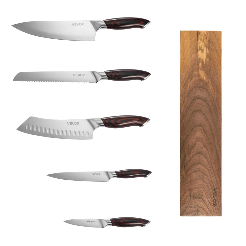 VEVOR virtuves nažu komplekts, 6 daļas, augsta oglekļa nerūsējošā tērauda asi naži, profesionāli virtuves naži ar ergonomisku, pret plaisāšanu izturīgu rokturi un jaudīgu magnētisko nažu turētāju ar valrieksta apdari