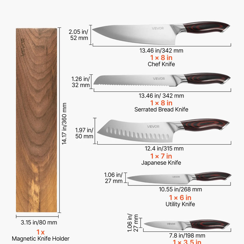 VEVOR virtuves nažu komplekts, 6 daļas, augsta oglekļa nerūsējošā tērauda asi naži, profesionāli virtuves naži ar ergonomisku, pret plaisāšanu izturīgu rokturi un jaudīgu magnētisko nažu turētāju ar valrieksta apdari