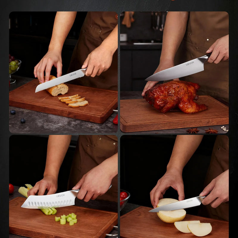VEVOR virtuves nažu komplekts, 6 daļas, augsta oglekļa nerūsējošā tērauda asi naži, profesionāli virtuves naži ar ergonomisku, pret plaisāšanu izturīgu rokturi un jaudīgu magnētisko nažu turētāju ar valrieksta apdari