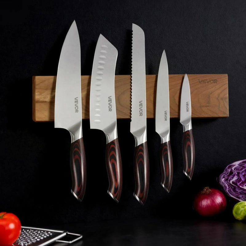 VEVOR virtuves nažu komplekts, 6 daļas, augsta oglekļa nerūsējošā tērauda asi naži, profesionāli virtuves naži ar ergonomisku, pret plaisāšanu izturīgu rokturi un jaudīgu magnētisko nažu turētāju ar valrieksta apdari