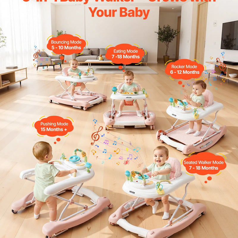 VEVOR 5‑in‑1 bērnu staigulītis, salokāms aktivitāšu centrs uz riteņiem, augstumu regulējams šūpuļkrēsls-staigulītis ar ērtu augstas atzveltnes sēdekli, pretapgāšanās toddleru palīgs bērniem no 6 līdz 24 mēnešiem, piemērots zēniem un meitenēm.