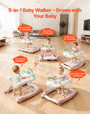 VEVOR 5‑in‑1 bērnu staigulītis, salokāms aktivitāšu centrs uz riteņiem, augstumu regulējams šūpuļkrēsls-staigulītis ar ērtu augstas atzveltnes sēdekli, pretapgāšanās toddleru palīgs bērniem no 6 līdz 24 mēnešiem, piemērots zēniem un meitenēm.