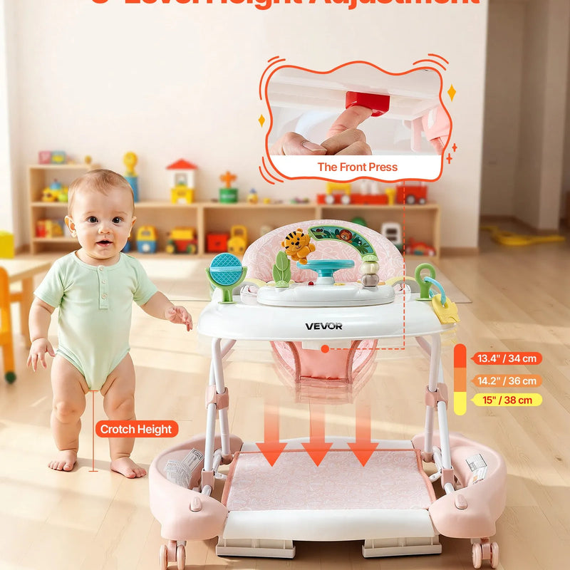 VEVOR 5‑in‑1 bērnu staigulītis, salokāms aktivitāšu centrs uz riteņiem, augstumu regulējams šūpuļkrēsls-staigulītis ar ērtu augstas atzveltnes sēdekli, pretapgāšanās toddleru palīgs bērniem no 6 līdz 24 mēnešiem, piemērots zēniem un meitenēm.