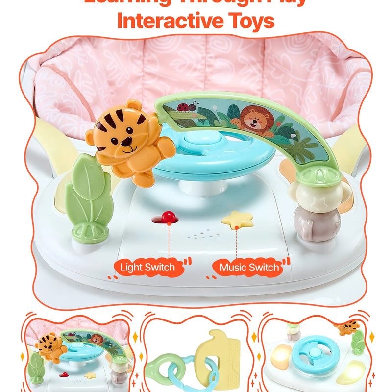 VEVOR 5‑in‑1 bērnu staigulītis, salokāms aktivitāšu centrs uz riteņiem, augstumu regulējams šūpuļkrēsls-staigulītis ar ērtu augstas atzveltnes sēdekli, pretapgāšanās toddleru palīgs bērniem no 6 līdz 24 mēnešiem, piemērots zēniem un meitenēm.