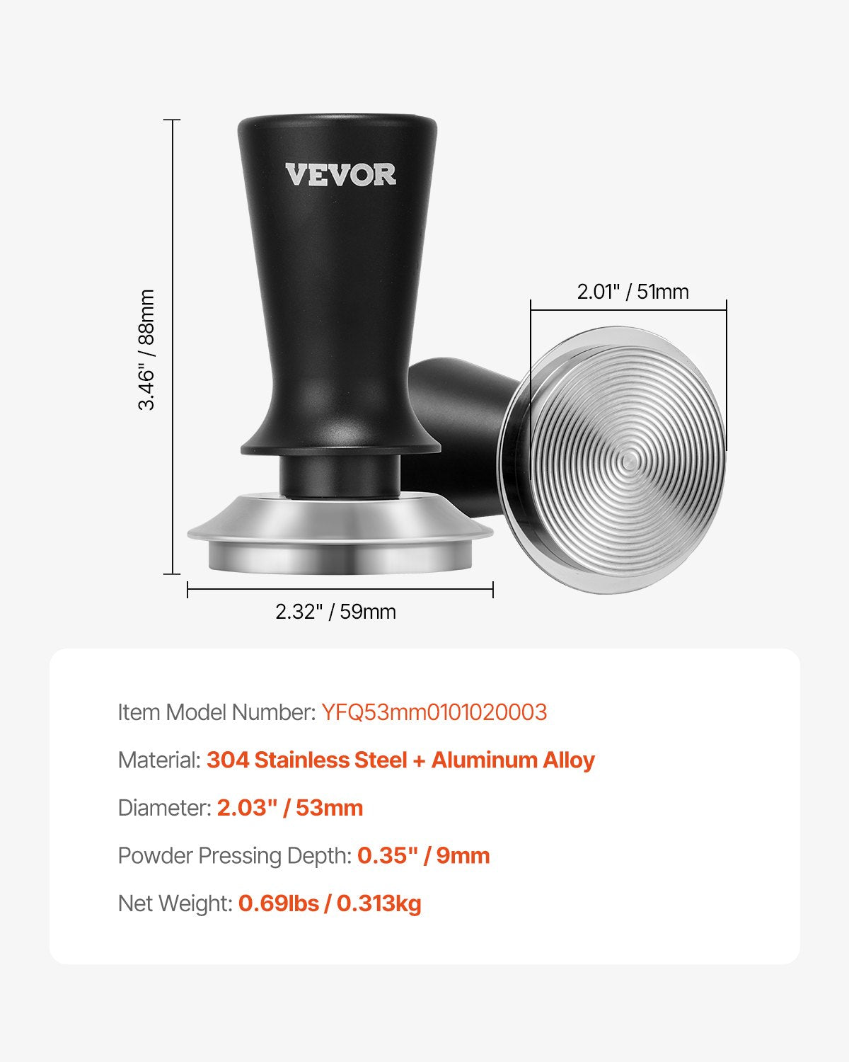 VEVOR espresso tamperis 51 mm ar atsperi, nerūsējošā tērauda