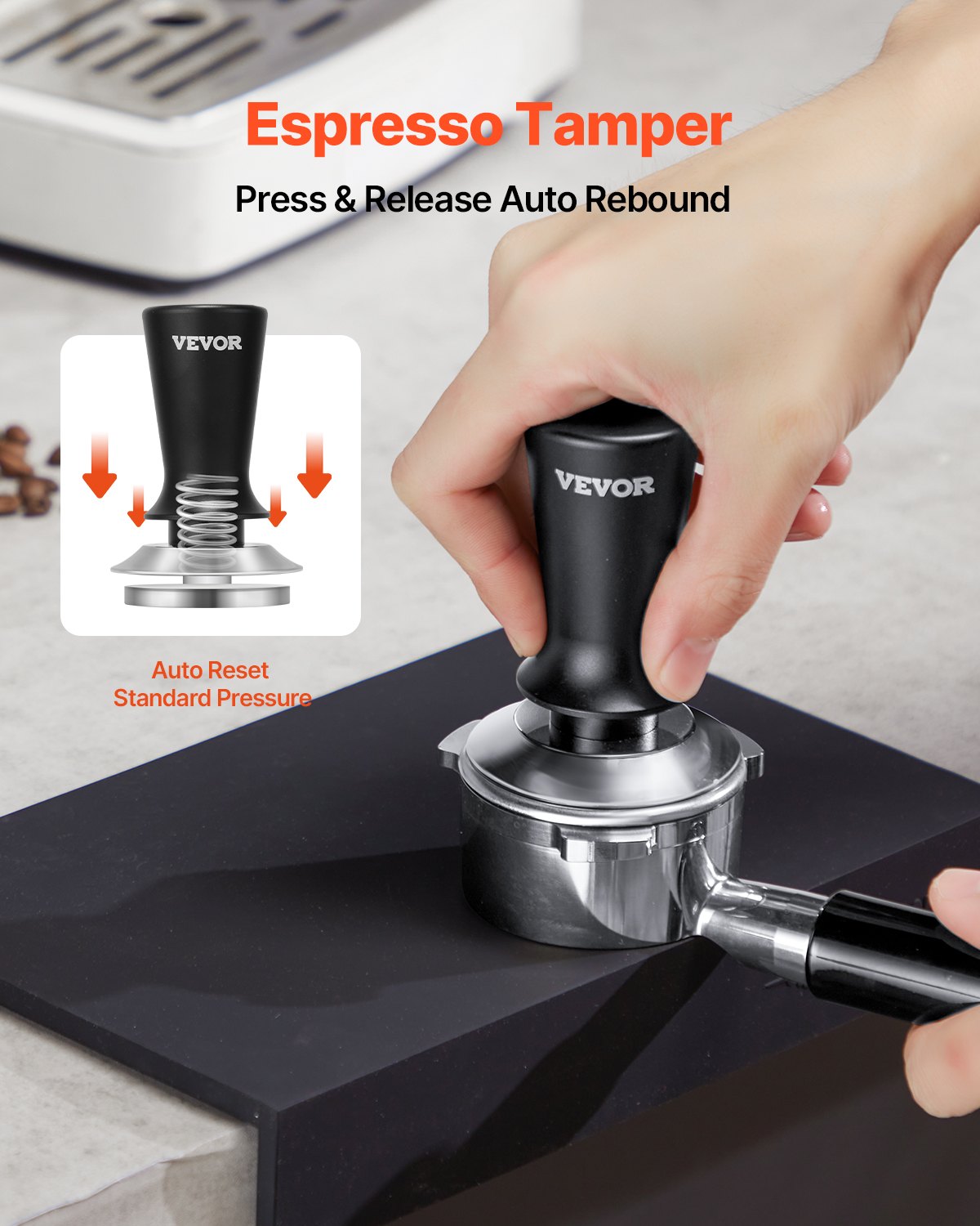 VEVOR espresso tamperis 53 mm ar atsperi, nerūsējošā tērauda