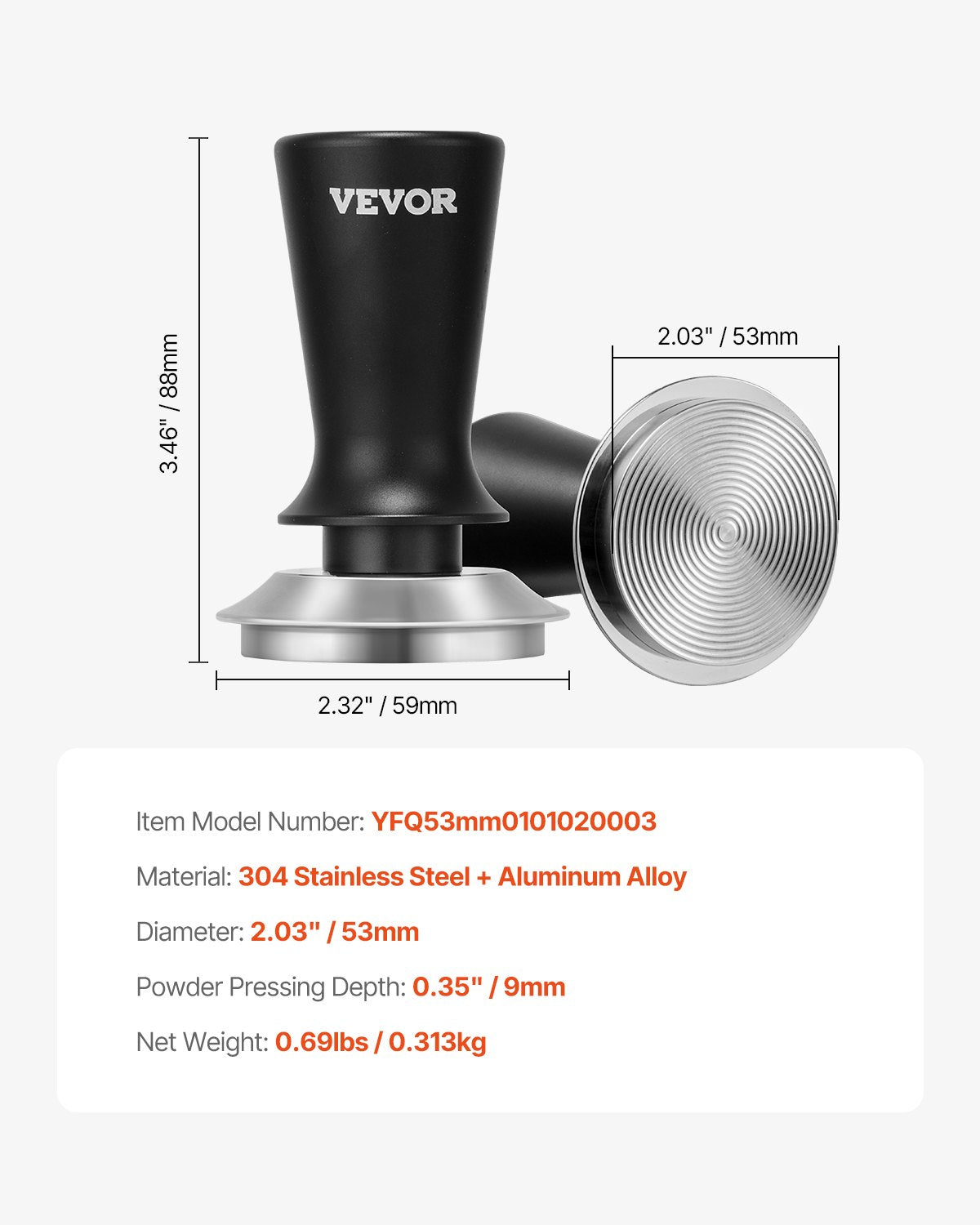 VEVOR espresso tamperis 53 mm ar atsperi, nerūsējošā tērauda