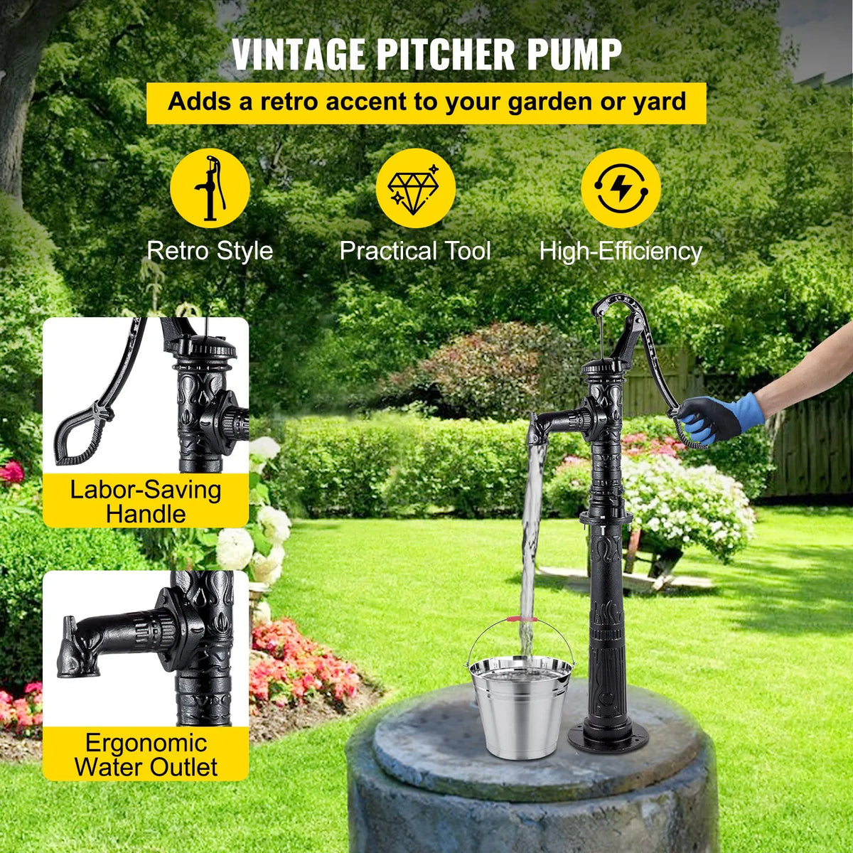 VEVOR Manual Well Water Pump with Cast Iron Stand, Pump Dimensions 40 × 23.9 × 135 cm, Stand Height 66 cm with Pre-drilled 12.7 mm Mounting Holes, Easy Installation, Suitable for Yard, Garden and Farm Irrigation, Black
