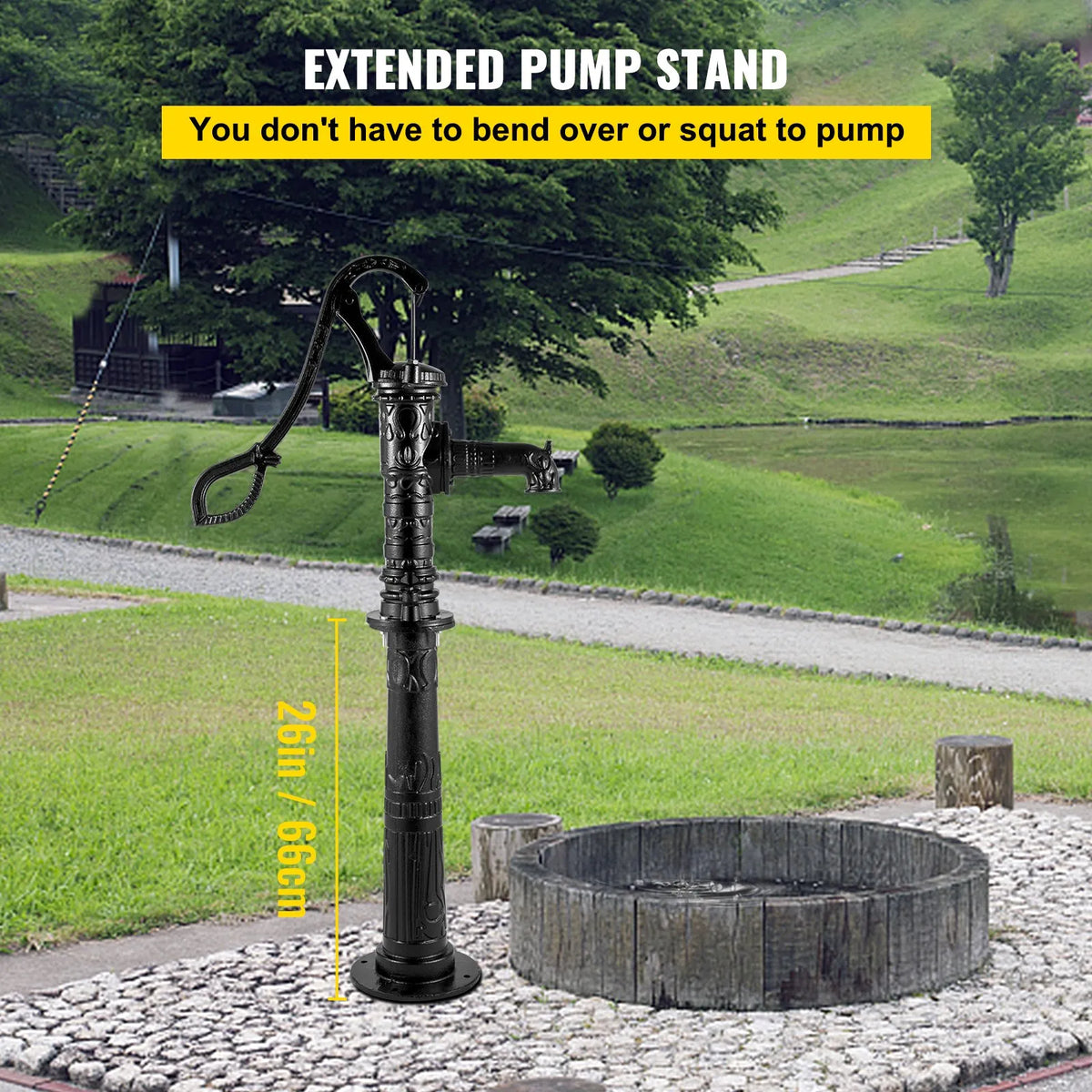 VEVOR Manual Well Water Pump with Cast Iron Stand, Pump Dimensions 40 × 23.9 × 135 cm, Stand Height 66 cm with Pre-drilled 12.7 mm Mounting Holes, Easy Installation, Suitable for Yard, Garden and Farm Irrigation, Black