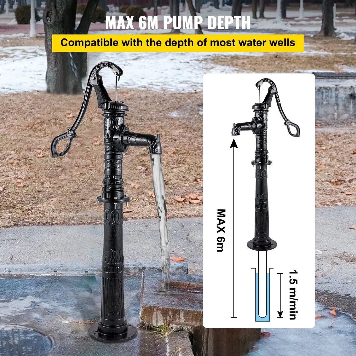 VEVOR Manual Well Water Pump with Cast Iron Stand, Pump Dimensions 40 × 23.9 × 135 cm, Stand Height 66 cm with Pre-drilled 12.7 mm Mounting Holes, Easy Installation, Suitable for Yard, Garden and Farm Irrigation, Black