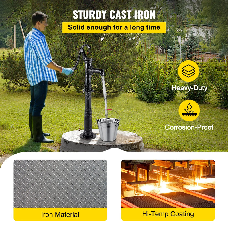 VEVOR rokas akas ūdens sūknis ar statīvu no čuguna, sūkņa izmēri 40 × 23,9 × 135 cm, statīva augstums 66 cm ar iepriekš izurbtiem 12,7 mm montāžas caurumiem, vienkārša uzstādīšana, piemērots pagalmam, dārzam un saimniecības apūdeņošanai, melns