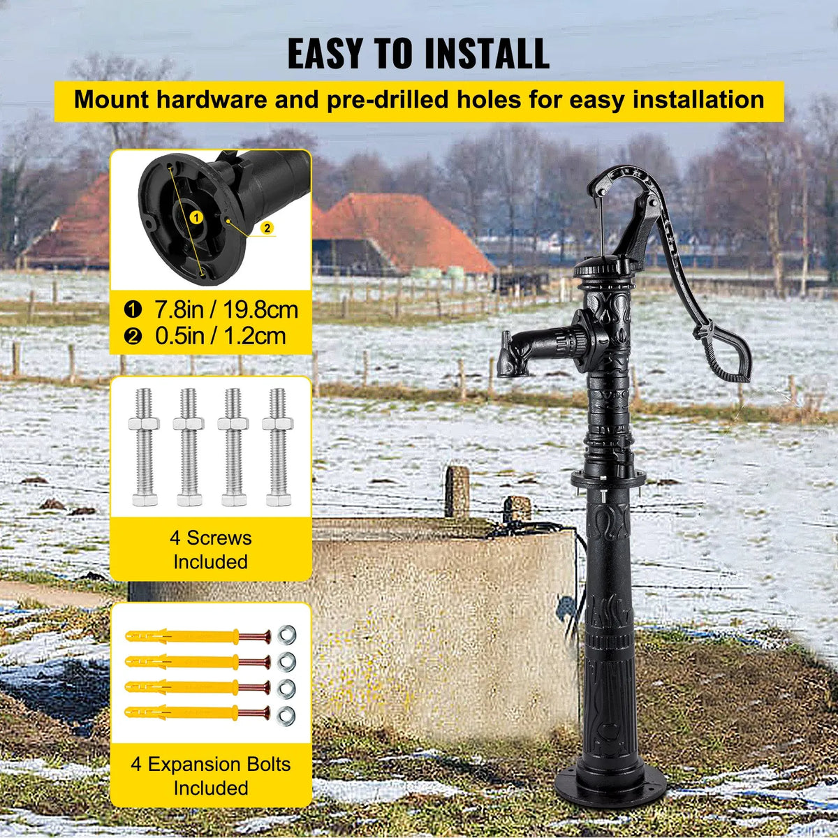 VEVOR Manual Well Water Pump with Cast Iron Stand, Pump Dimensions 40 × 23.9 × 135 cm, Stand Height 66 cm with Pre-drilled 12.7 mm Mounting Holes, Easy Installation, Suitable for Yard, Garden and Farm Irrigation, Black