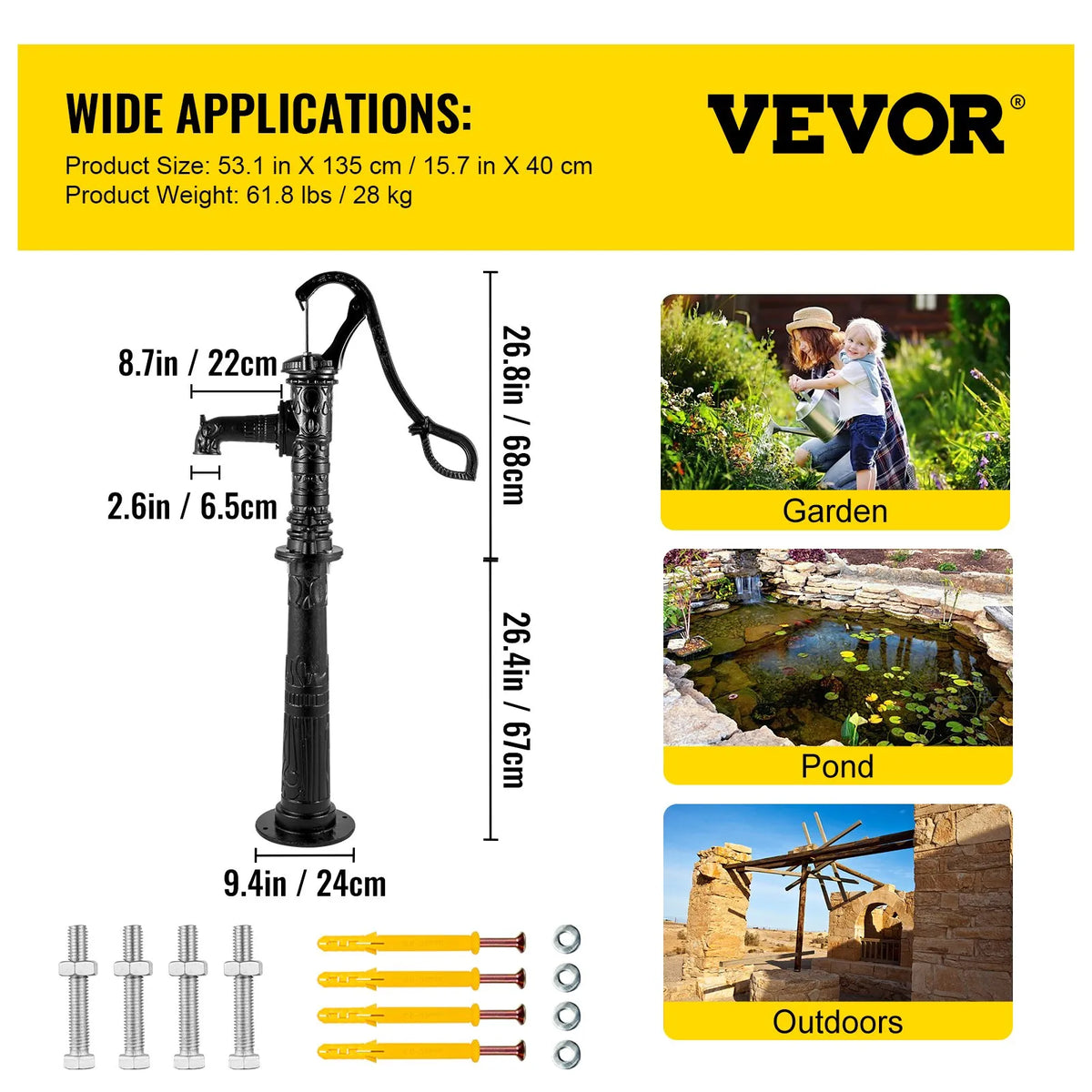 VEVOR Manual Well Water Pump with Cast Iron Stand, Pump Dimensions 40 × 23.9 × 135 cm, Stand Height 66 cm with Pre-drilled 12.7 mm Mounting Holes, Easy Installation, Suitable for Yard, Garden and Farm Irrigation, Black