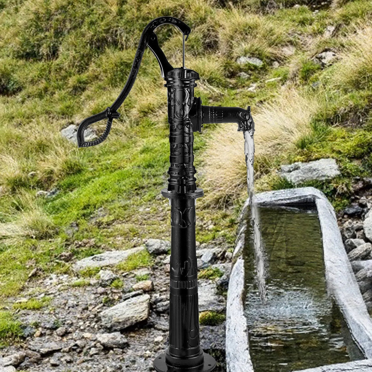 VEVOR Manual Well Water Pump with Cast Iron Stand, Pump Dimensions 40 × 23.9 × 135 cm, Stand Height 66 cm with Pre-drilled 12.7 mm Mounting Holes, Easy Installation, Suitable for Yard, Garden and Farm Irrigation, Black
