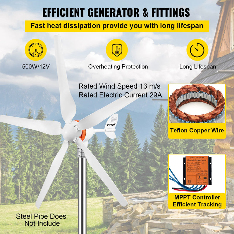 VEVOR vēja Ģenerators, 12V/AC vēja  turbīnas komplekts, 500W vēja enerģijas Ģenerators ar MPPT kontrolieri, 5 lāpstiņas, automātiska vēja virziena regulēšana, piemērots terasēm, jūras vides u.c.