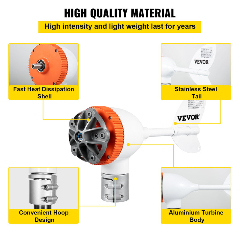 VEVOR vēja Ģenerators, 12V/AC vēja  turbīnas komplekts, 500W vēja enerģijas Ģenerators ar MPPT kontrolieri, 5 lāpstiņas, automātiska vēja virziena regulēšana, piemērots terasēm, jūras vides u.c.