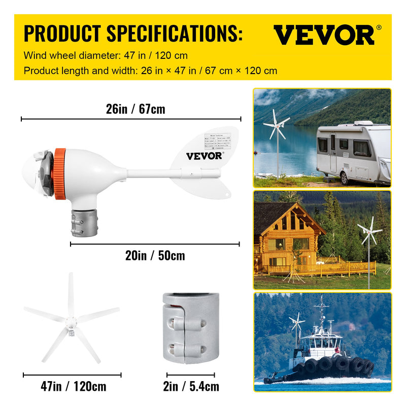 VEVOR vēja Ģenerators, 12V/AC vēja  turbīnas komplekts, 500W vēja enerģijas Ģenerators ar MPPT kontrolieri, 5 lāpstiņas, automātiska vēja virziena regulēšana, piemērots terasēm, jūras vides u.c.