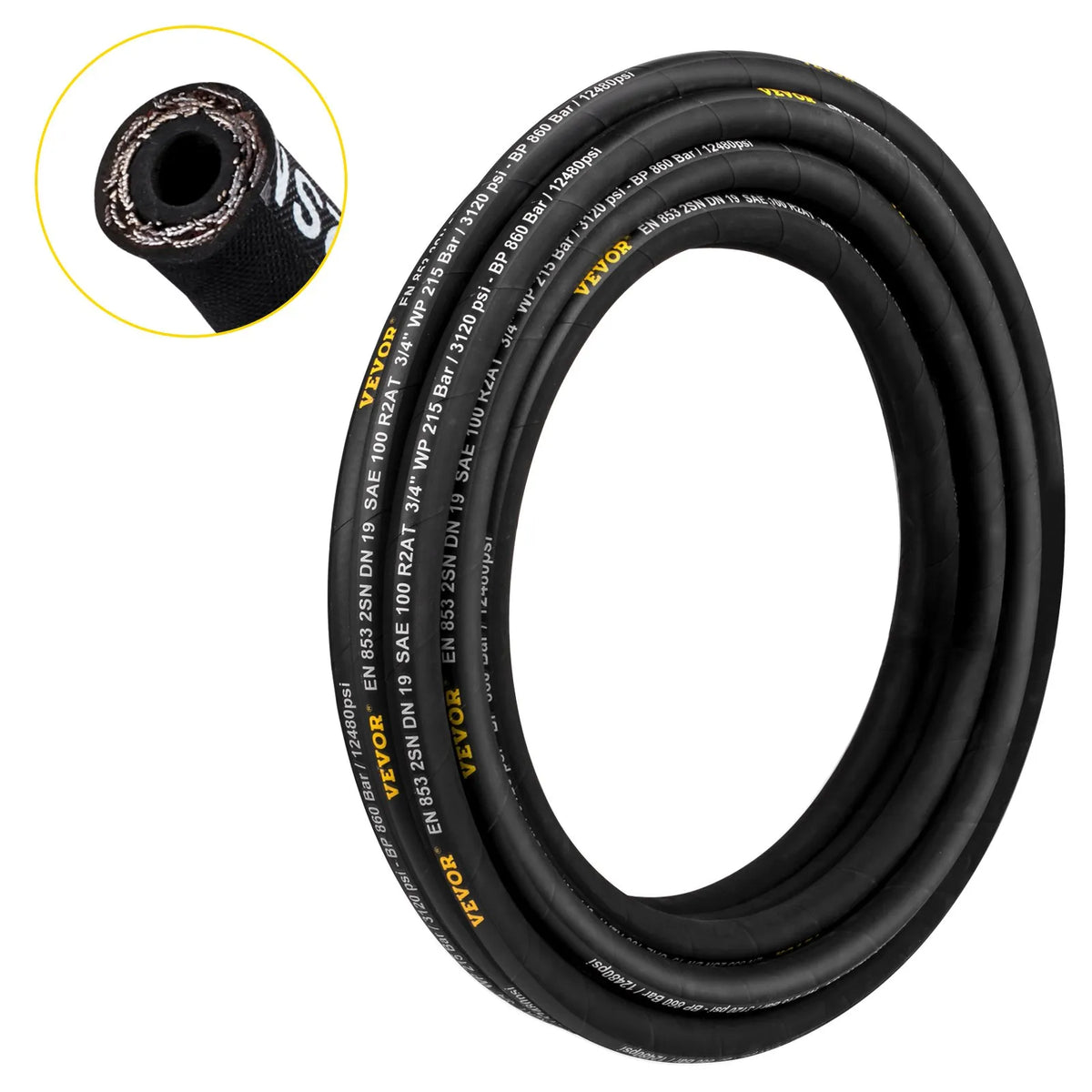 VEVOR Hydraulic Hose 19 mm × 15.2 m, Working Pressure 215 bar, Rubber Hose with Double Steel Braid, Working Temperature –20 °C to +140 °C