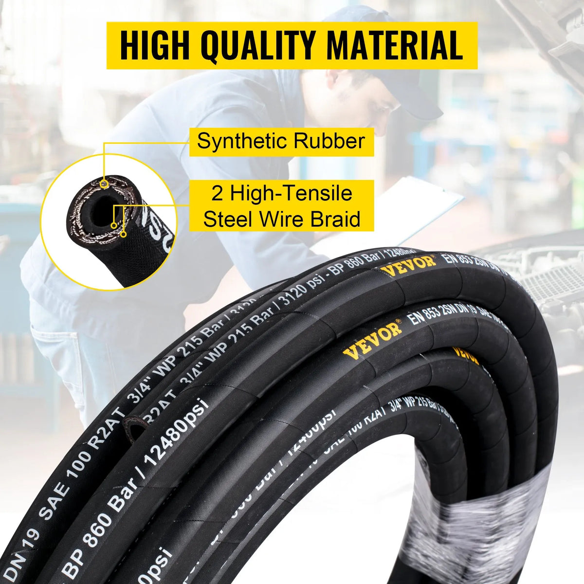 VEVOR Hydraulic Hose 19 mm × 15.2 m, Working Pressure 215 bar, Rubber Hose with Double Steel Braid, Working Temperature –20 °C to +140 °C