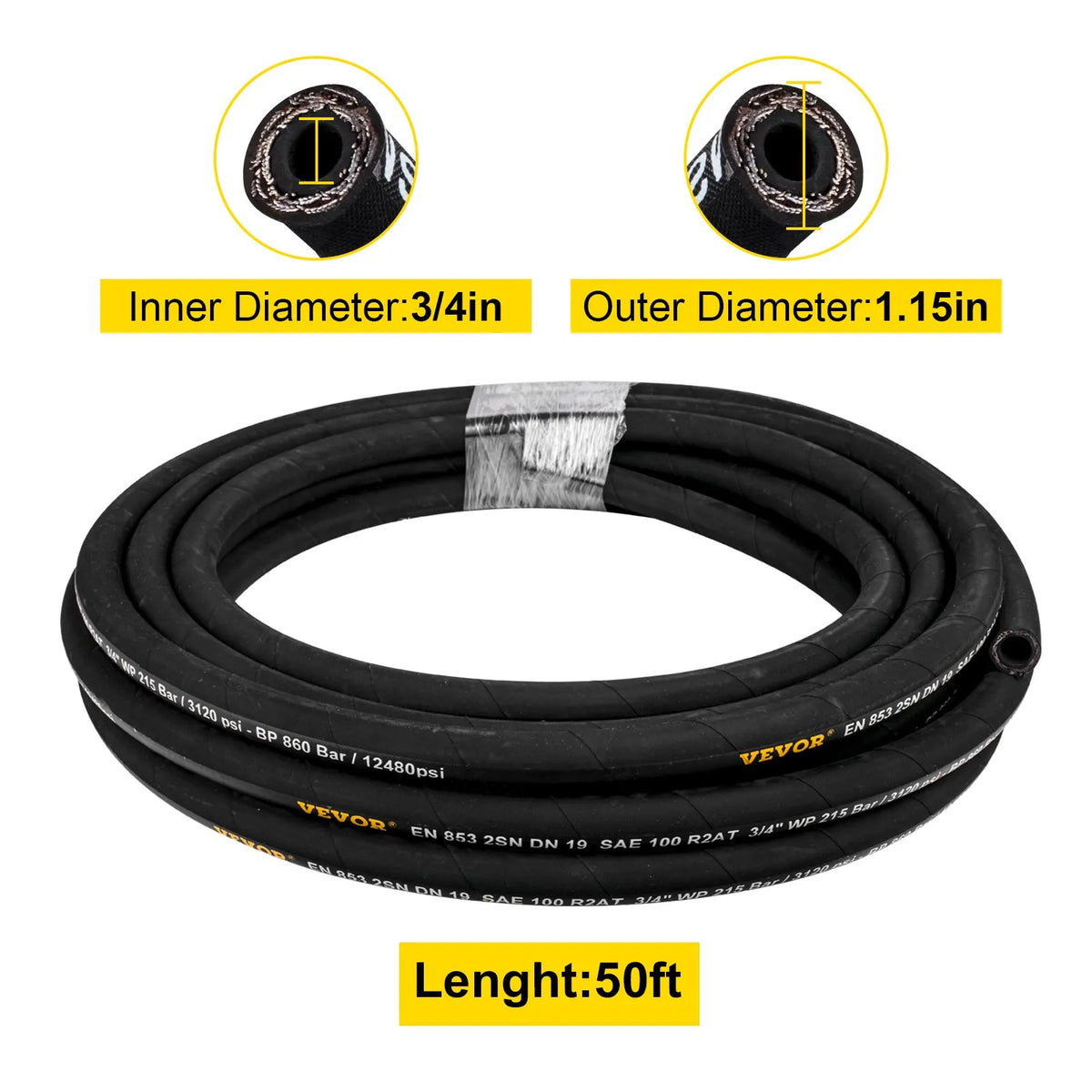VEVOR Hydraulic Hose 19 mm × 15.2 m, Working Pressure 215 bar, Rubber Hose with Double Steel Braid, Working Temperature –20 °C to +140 °C