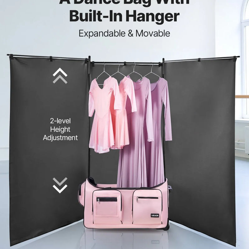 VEVOR deju soma ar apģērbu statīvu, 736,6 mm ripojoša deju ceļojumu soma ar riteņiem, USB pieslēgvieta, augstumā regulējams drēbju pakaramais un privātuma aizkars, piemērota ceļošanai un sacensībām, matēti rozā