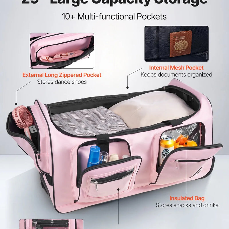 VEVOR deju soma ar apģērbu statīvu, 736,6 mm ripojoša deju ceļojumu soma ar riteņiem, USB pieslēgvieta, augstumā regulējams drēbju pakaramais un privātuma aizkars, piemērota ceļošanai un sacensībām, matēti rozā