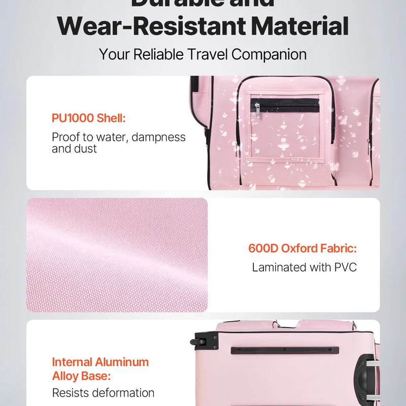 VEVOR deju soma ar apģērbu statīvu, 736,6 mm ripojoša deju ceļojumu soma ar riteņiem, USB pieslēgvieta, augstumā regulējams drēbju pakaramais un privātuma aizkars, piemērota ceļošanai un sacensībām, matēti rozā