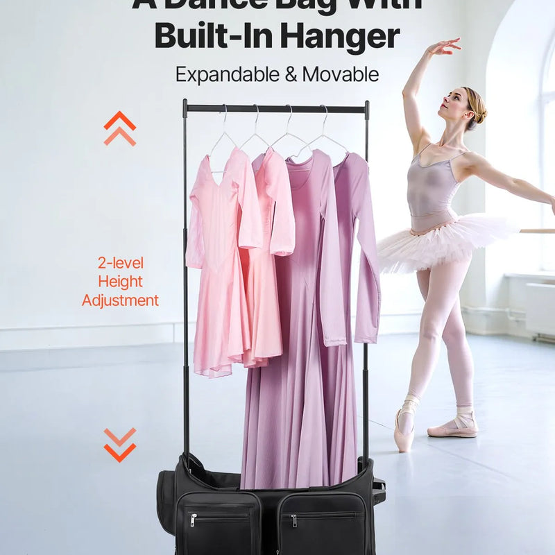 VEVOR deju soma ar apģērbu statīvu, 584,2 mm ripojoša deju ceļojumu soma ar riteņiem, USB pieslēgvieta, augstumā regulējams drēbju pakaramais un privātuma aizkars, piemērota ceļošanai un sacensībām, matēti melna