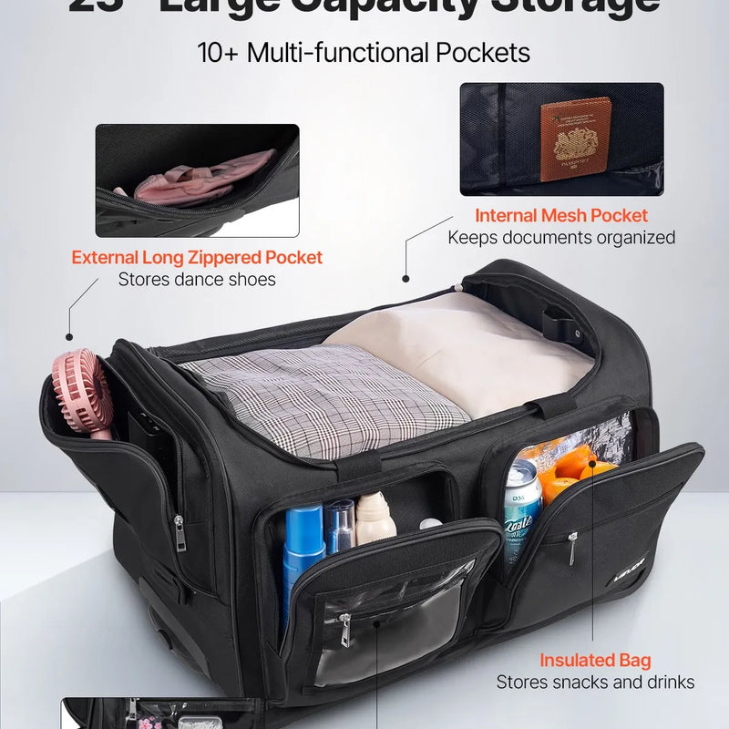 VEVOR deju soma ar apģērbu statīvu, 584,2 mm ripojoša deju ceļojumu soma ar riteņiem, USB pieslēgvieta, augstumā regulējams drēbju pakaramais un privātuma aizkars, piemērota ceļošanai un sacensībām, matēti melna